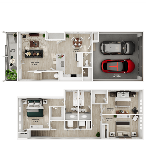 Floor plan for 3 beds, 2.5 baths, 1535 sqft